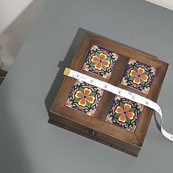 Ceramic Tile Top Wood Storage Trinket Jewelry Decor Rustic Box Mexico 6.5"x6.5" - Picture 4 of 9